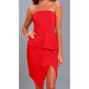 RED STRAPLESS PEPLUM DRESS